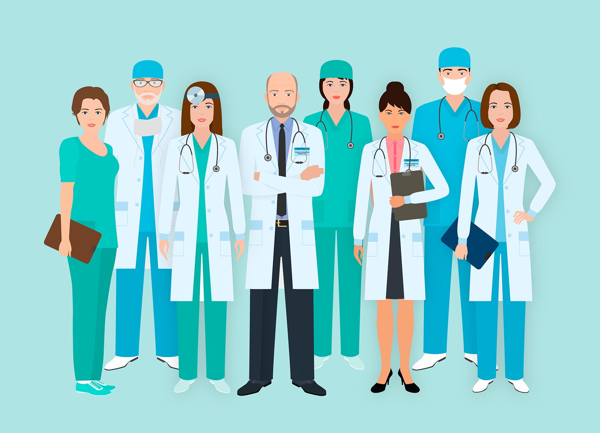 Hospital staff. Group of eight men and women doctors and nurses characters standing together. Medical people. Flat style vector illustration.